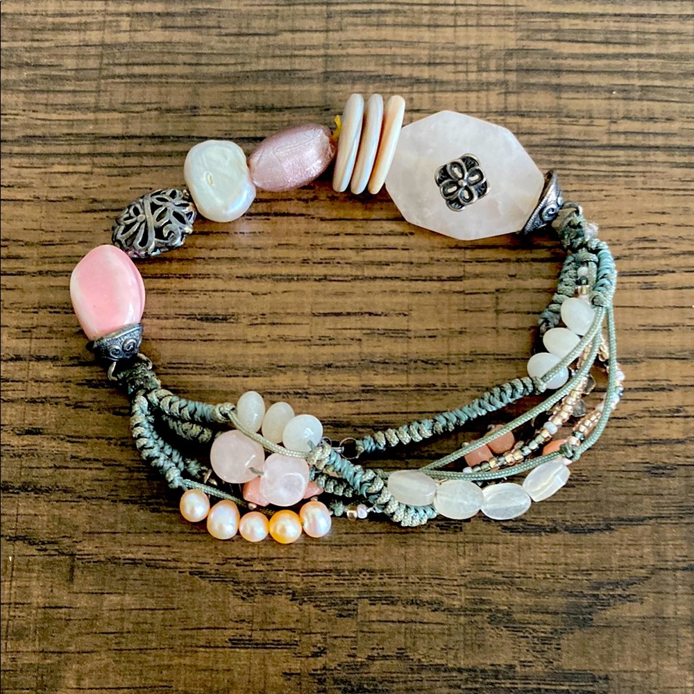 Pink and Gray Bead Stone and Quartz Bracelet